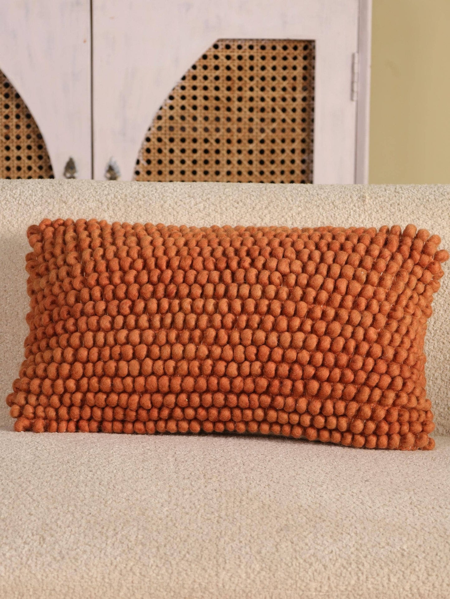 Handmade Rust Wool Lumbar Pillow | 12x20 Textured Cushion : With pillow insert