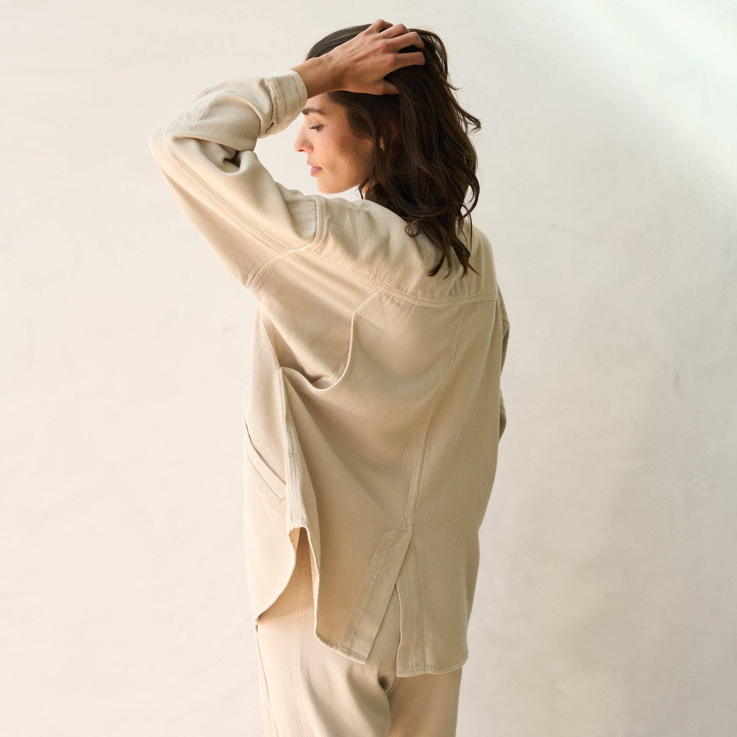 Odette Drape Denim Twill Shirt Jacket in Ecru or Navy