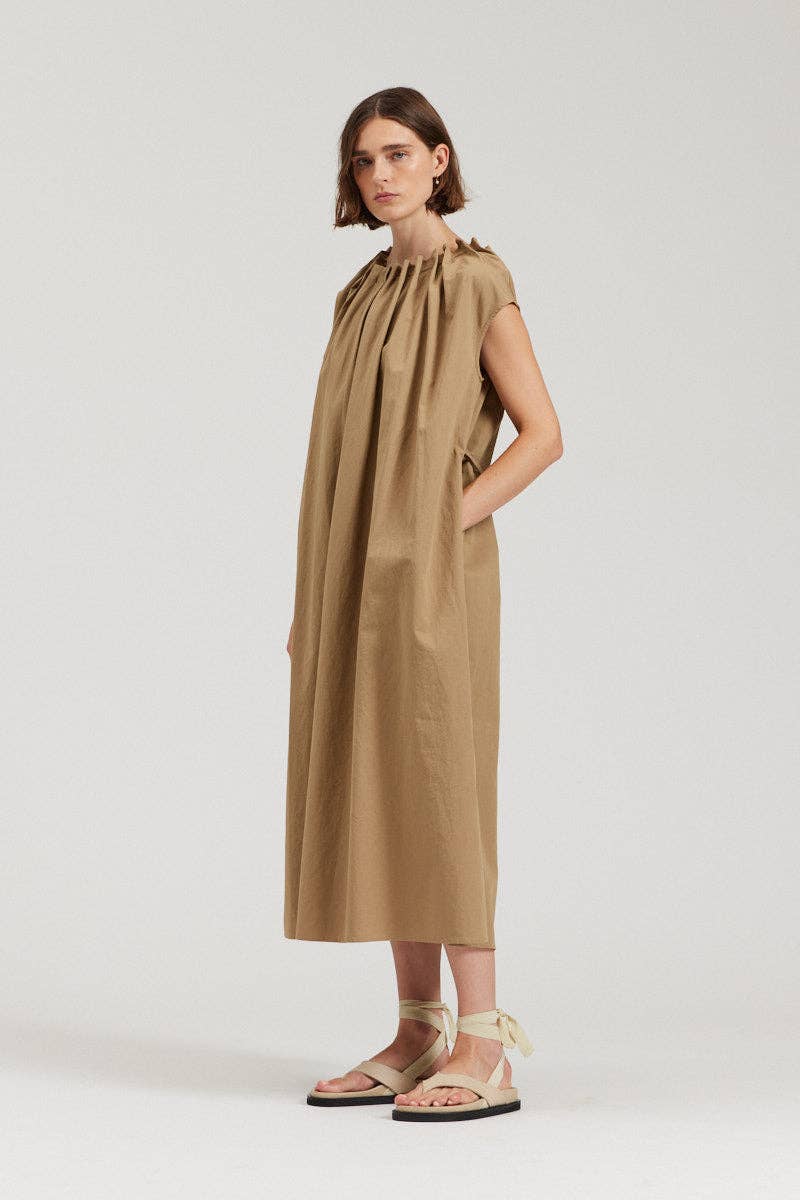 there. elsewhere - Pleated Neckline A-line Dress: Safari / Small/Medium