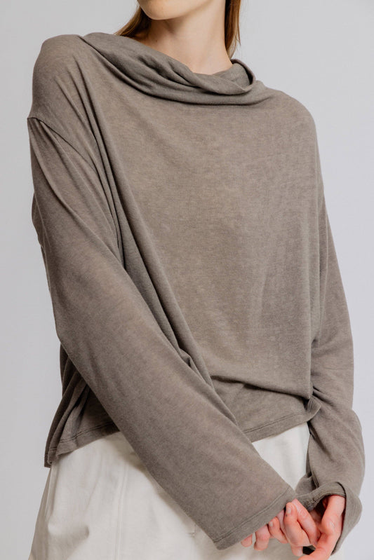 Draped Funnel Neck Stretch Jersey Top: Haze