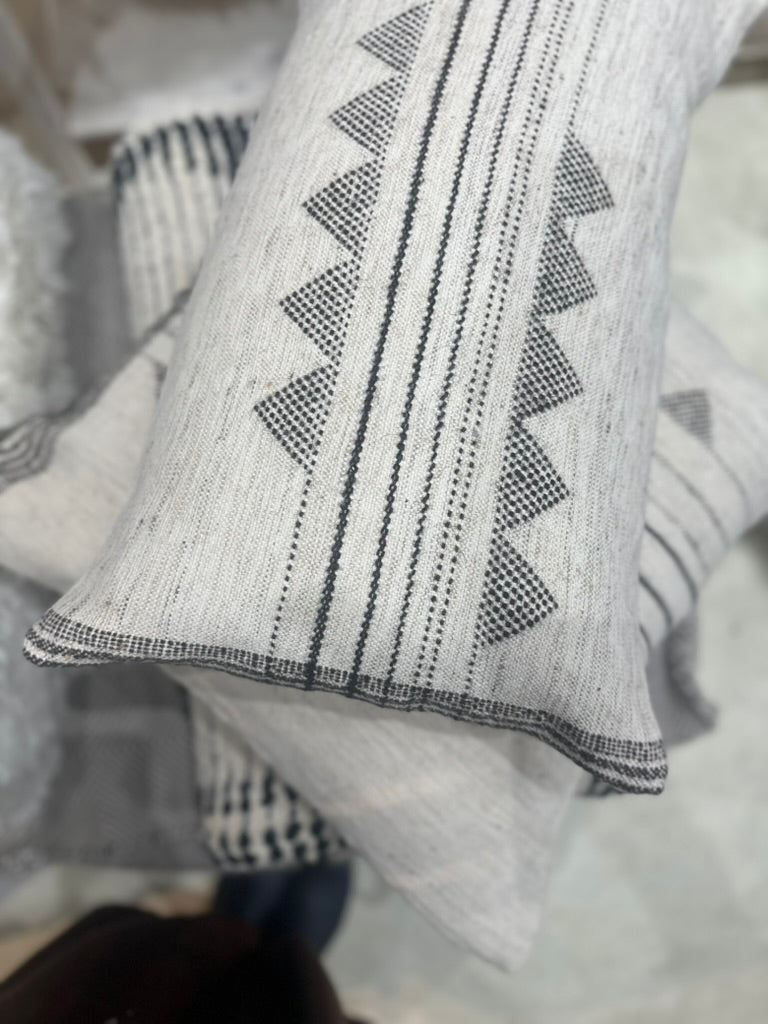 Kora Ecru Large Handwoven Cotton Lumbar Pillow with feather fill