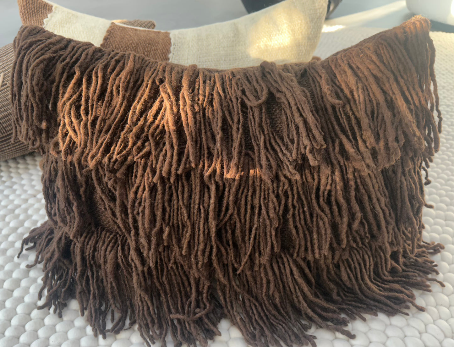 Tobacco Leaf fringed woolen pillow from Chile