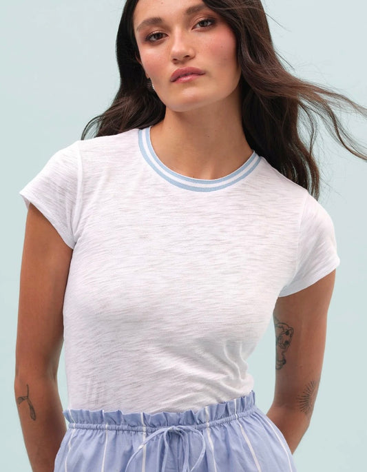Goldie Lewinter Metallic Tipped Slub White Cotton Cap Sleeve Tee
