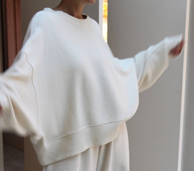 Marley Rippled Cotton Cropped Sweatshirt: Ecru or Onyx