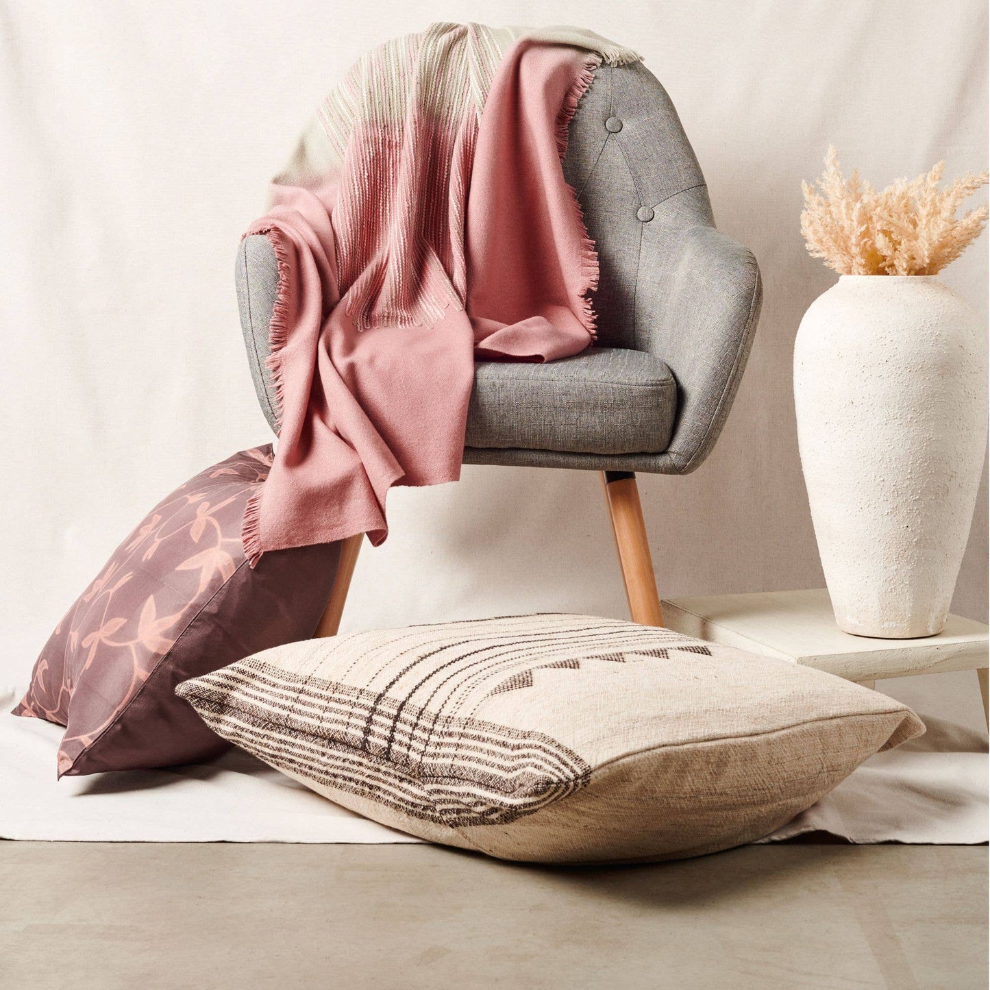 Kora Handloom Large Ecru Textured Pillow Cover with feather fill