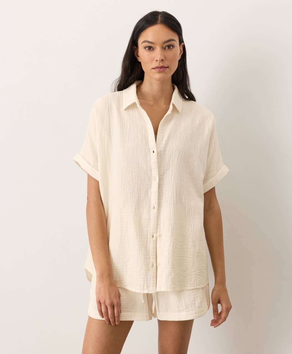 Pact - Women's Coastal Double Gauze Relaxed Shirt: Navy / Small