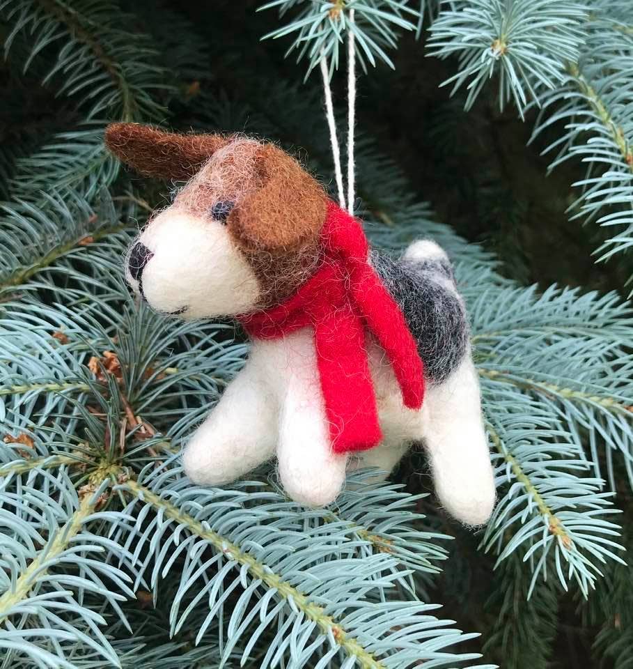 Holiday Ornament Dog with Red Scarf