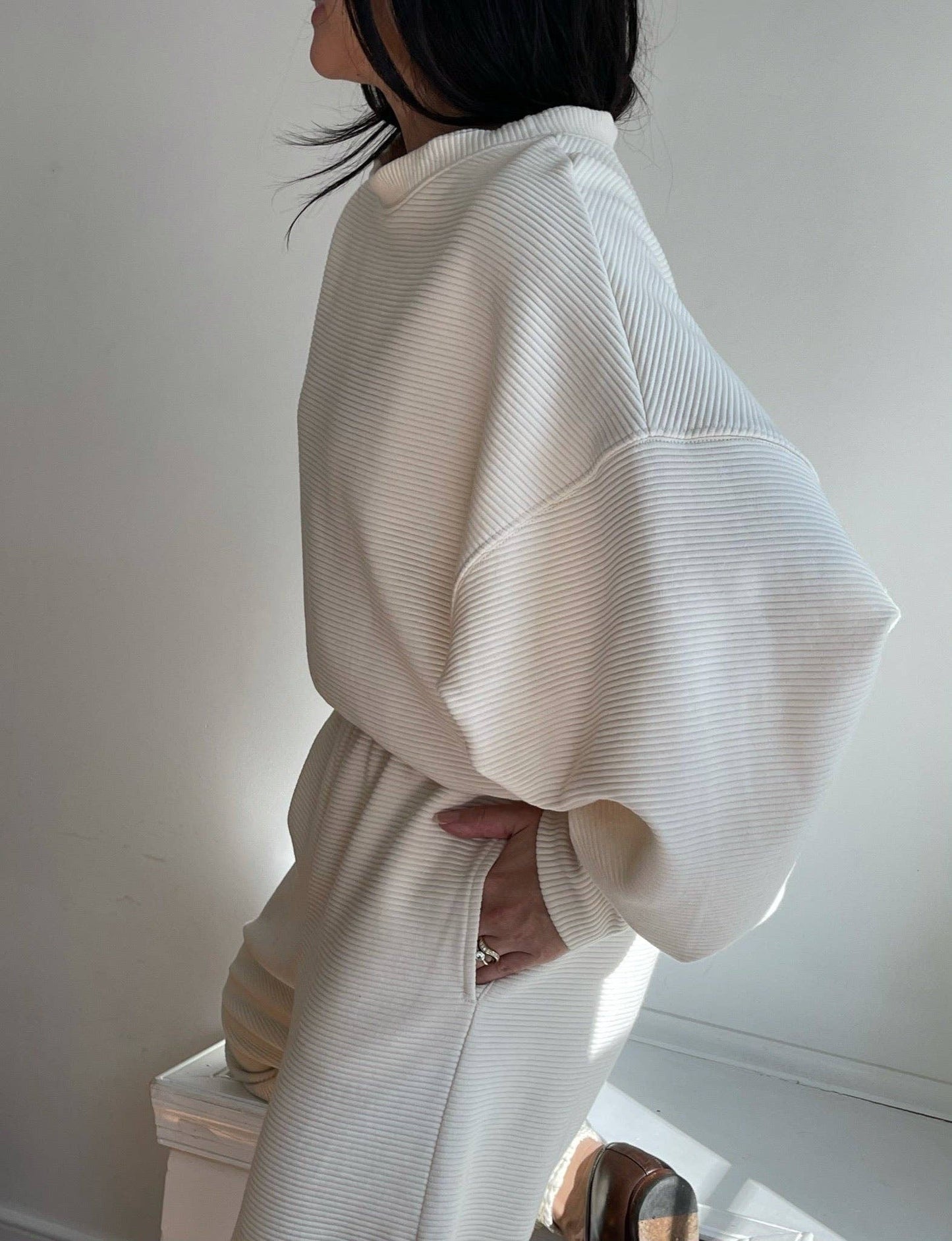 Marley Rippled Cotton Cropped Sweatshirt: Ecru or Onyx
