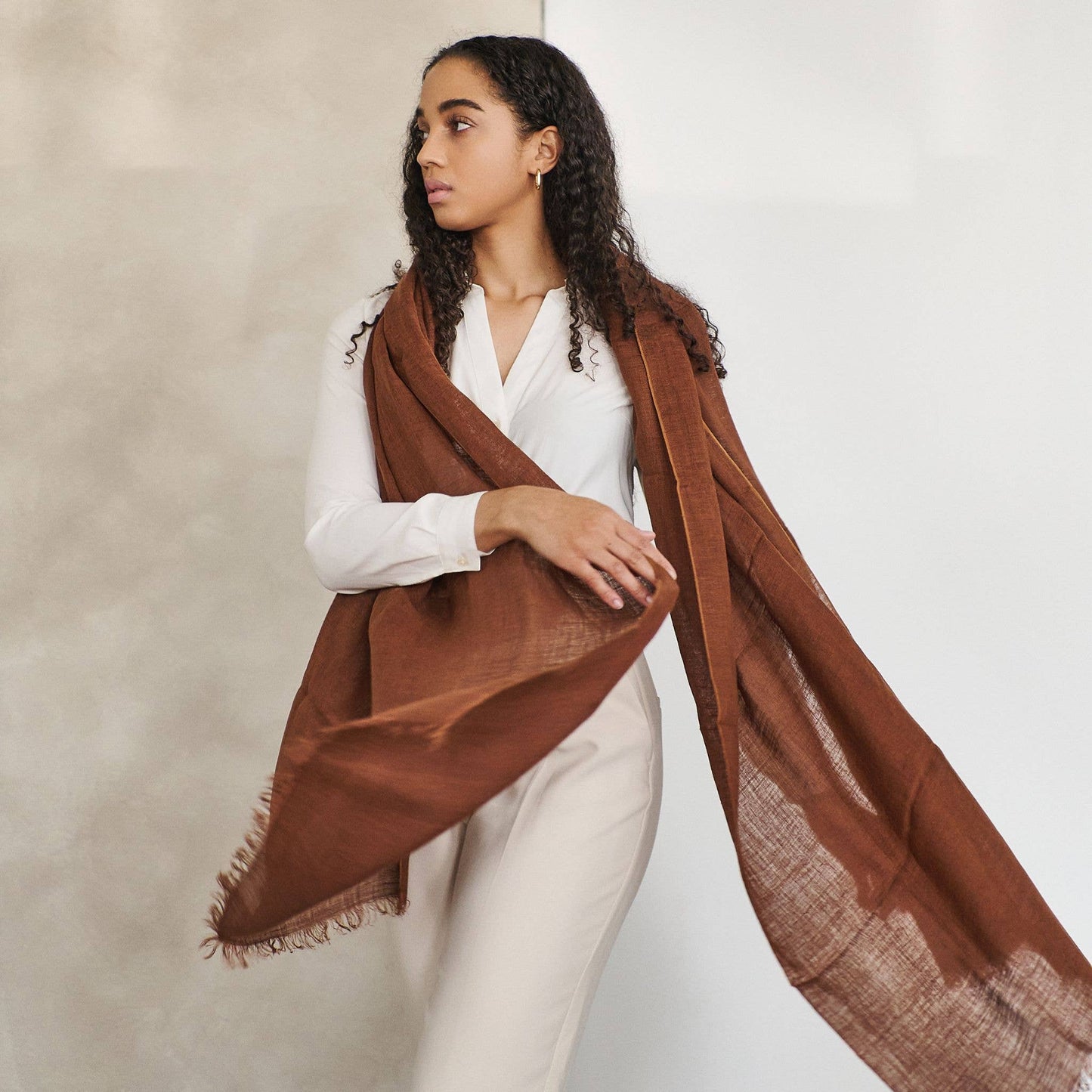 Coco Brown Soft Handwoven Modern Artisanal Linen Blend Scarf: Coco