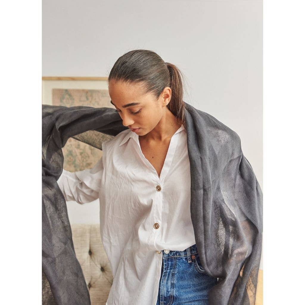 Charcoal Gray Linen Silk Handwoven Scarf: Coco
