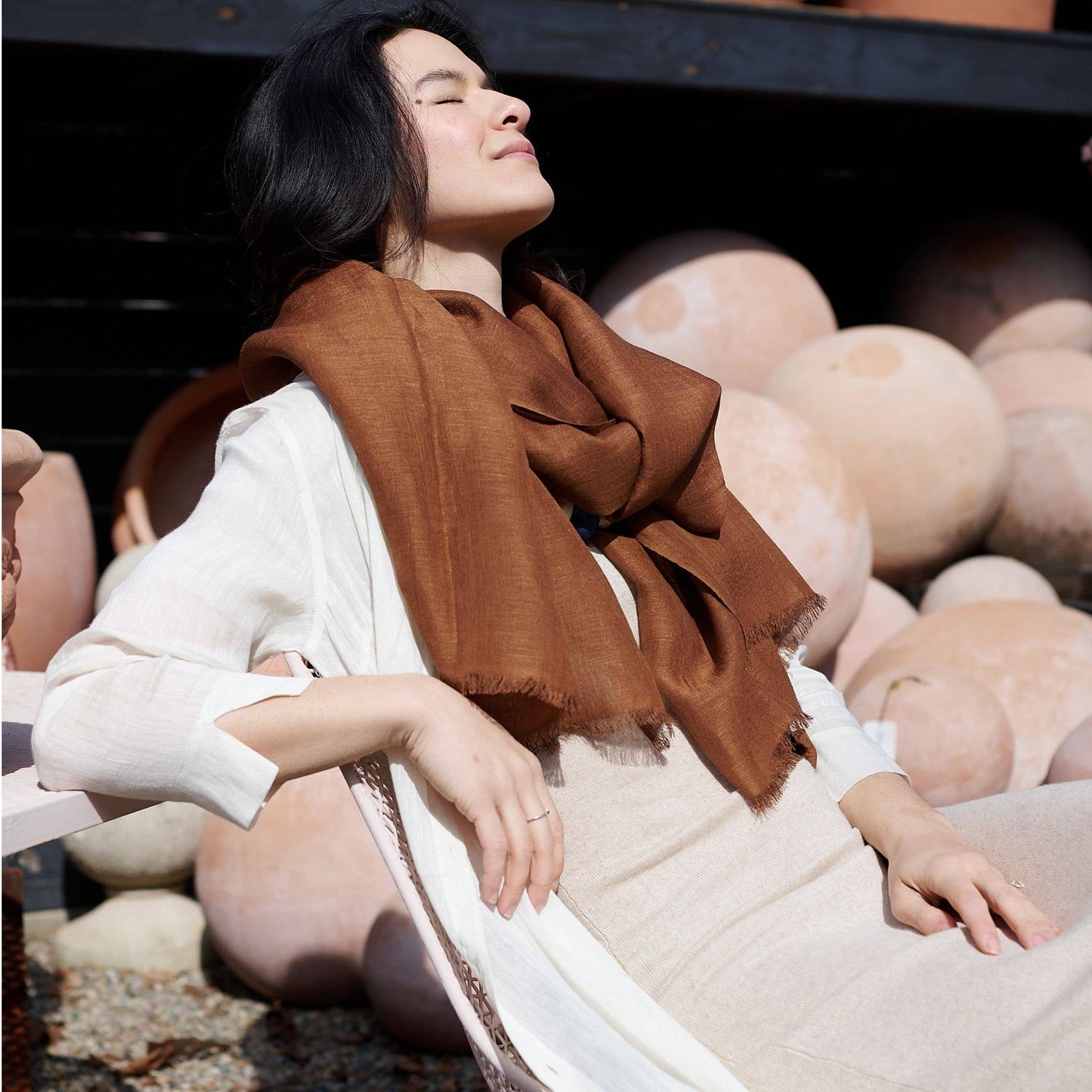 Coco Brown Soft Handwoven Modern Artisanal Linen Blend Scarf: Coco