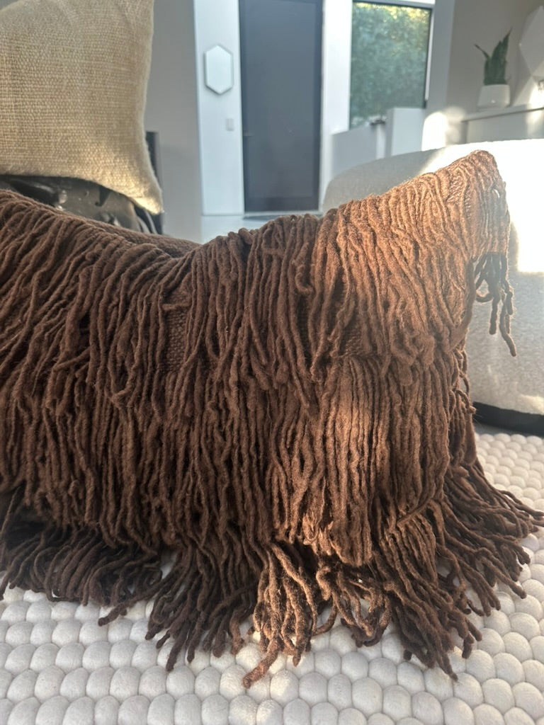 Tobacco Leaf fringed woolen pillow from Chile