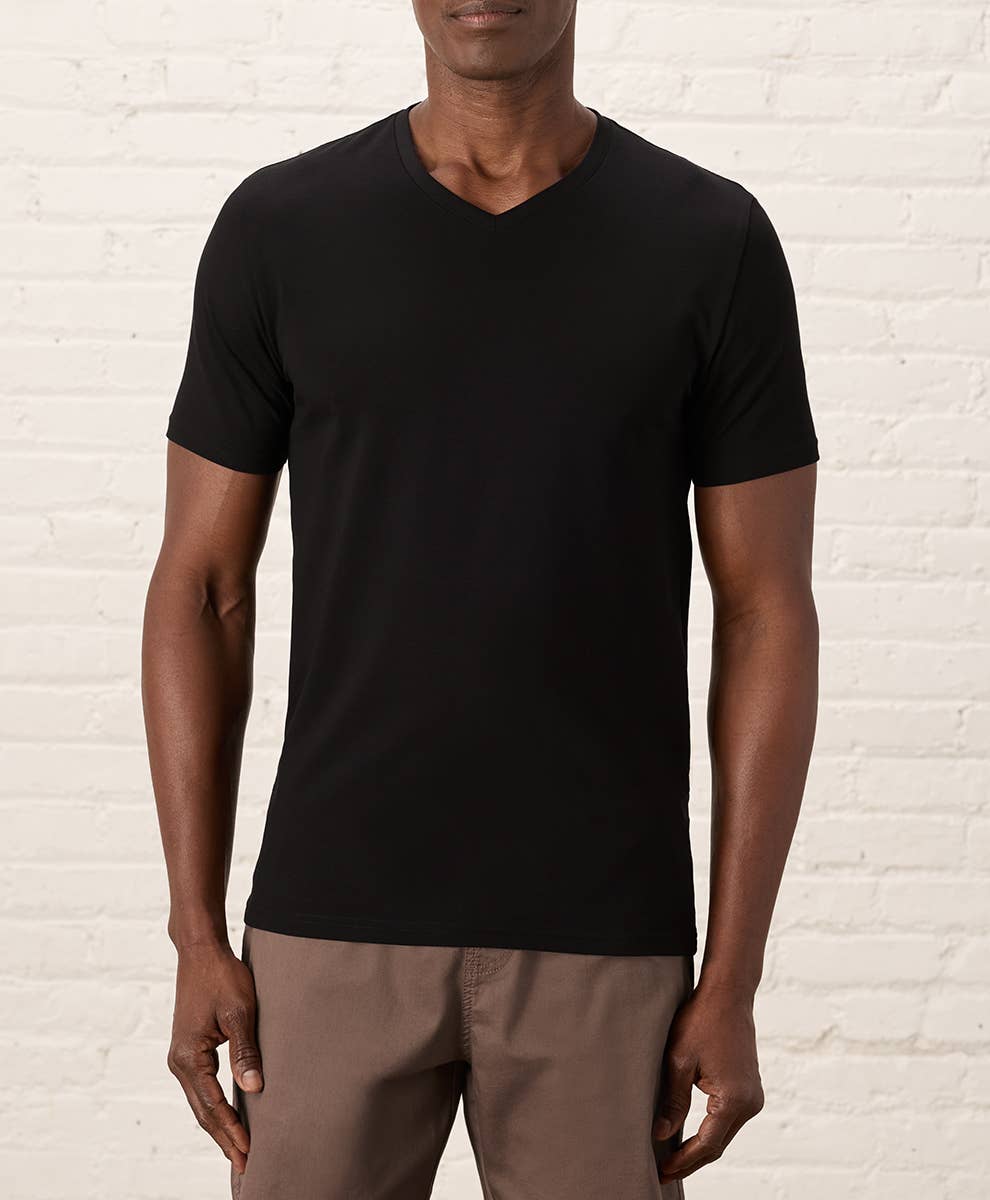 Pact - Men's Luxe Stretch Jersey Slim V-Neck Tee: Black / Large