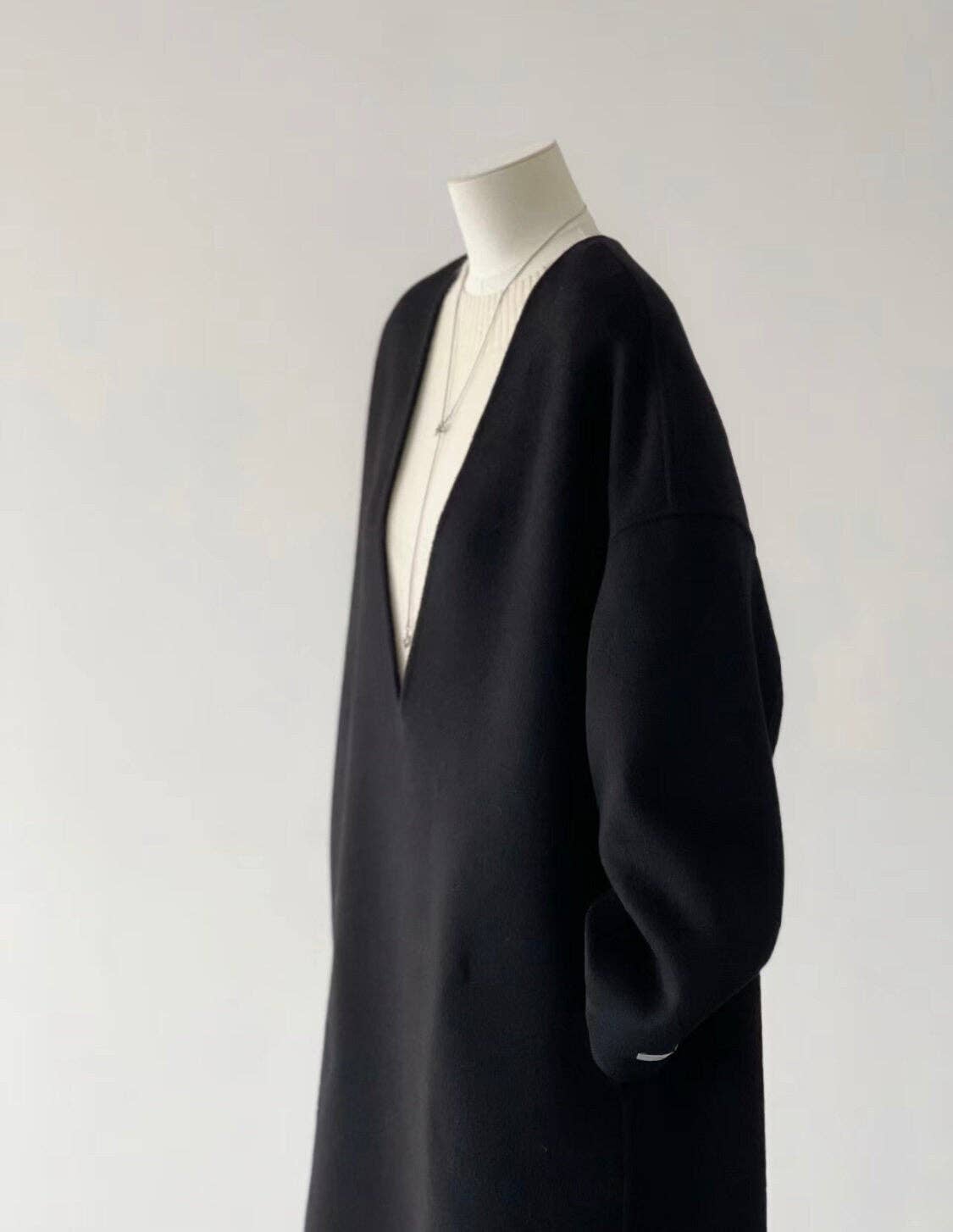 Soul Minimalist V-neck Wool Coat / Dress - Black