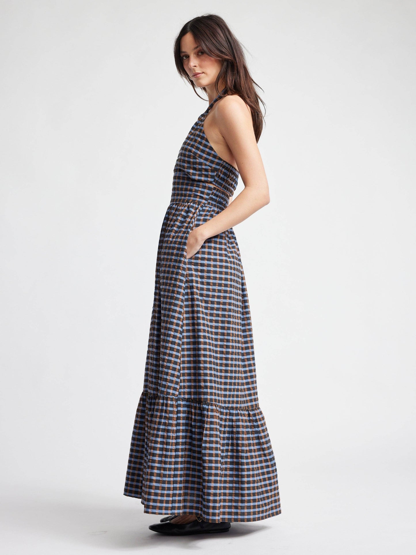 Self Contrast - Isolde Maxi Cut Out Dress: Blue Brown Checkers / L
