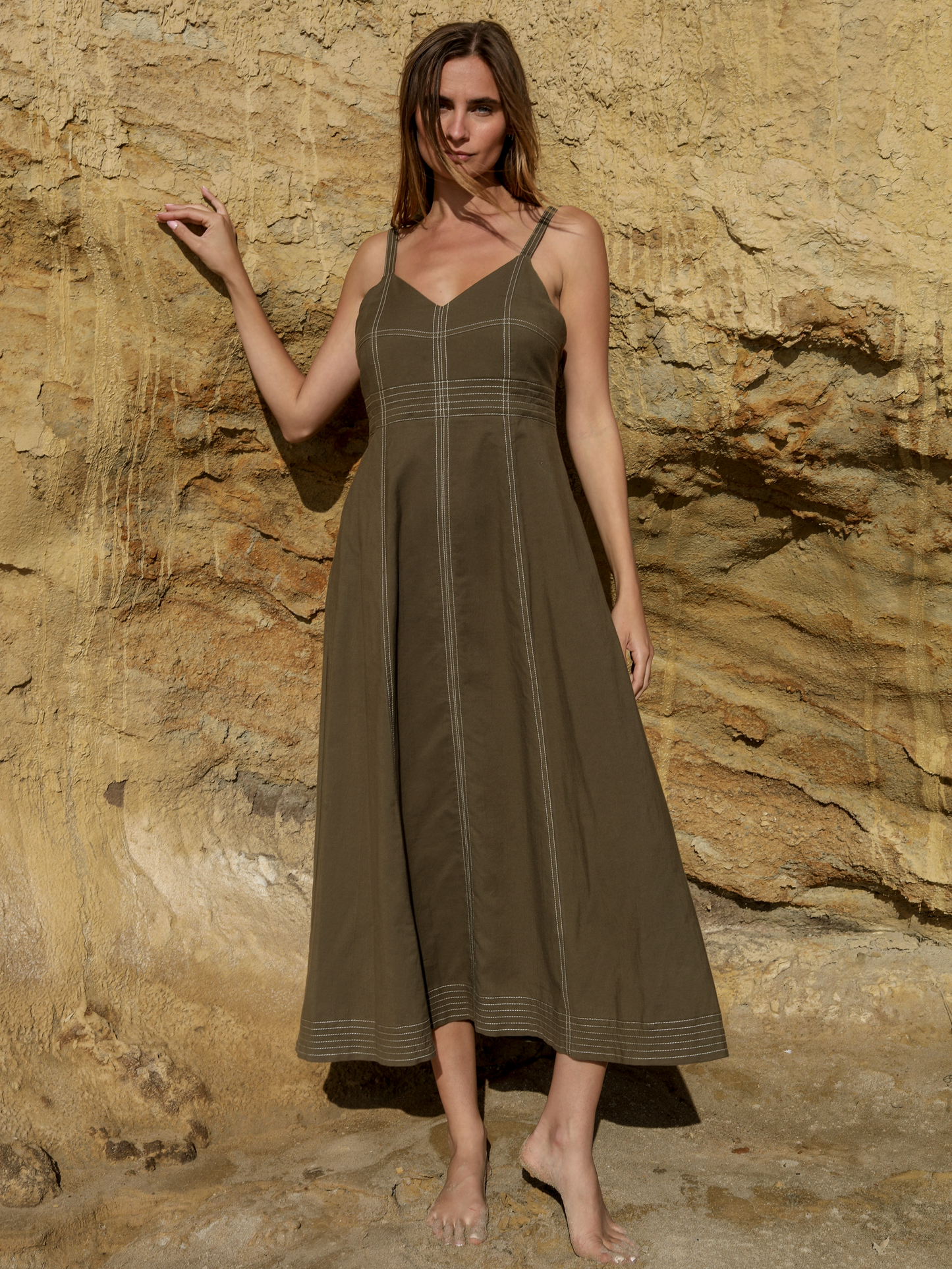 The Handloom - Eva Maxi Dress - Khaki Green: Khaki Green / S-M