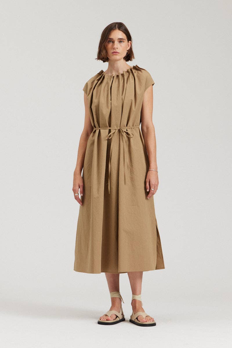 there. elsewhere - Pleated Neckline A-line Dress: Safari / Small/Medium