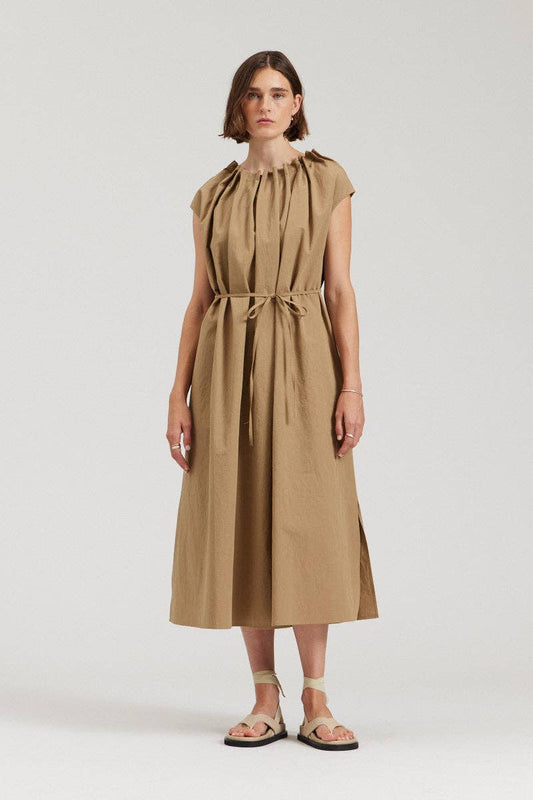 there. elsewhere - Pleated Neckline A-line Dress: Safari / Small/Medium