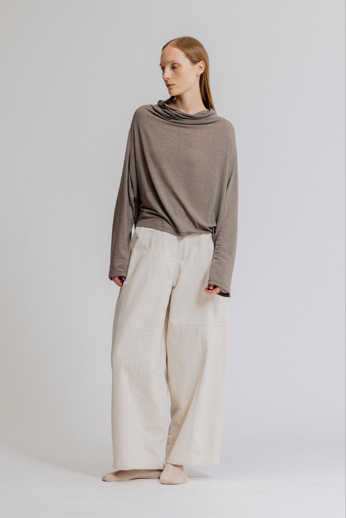 Draped Funnel Neck Stretch Jersey Top: Haze