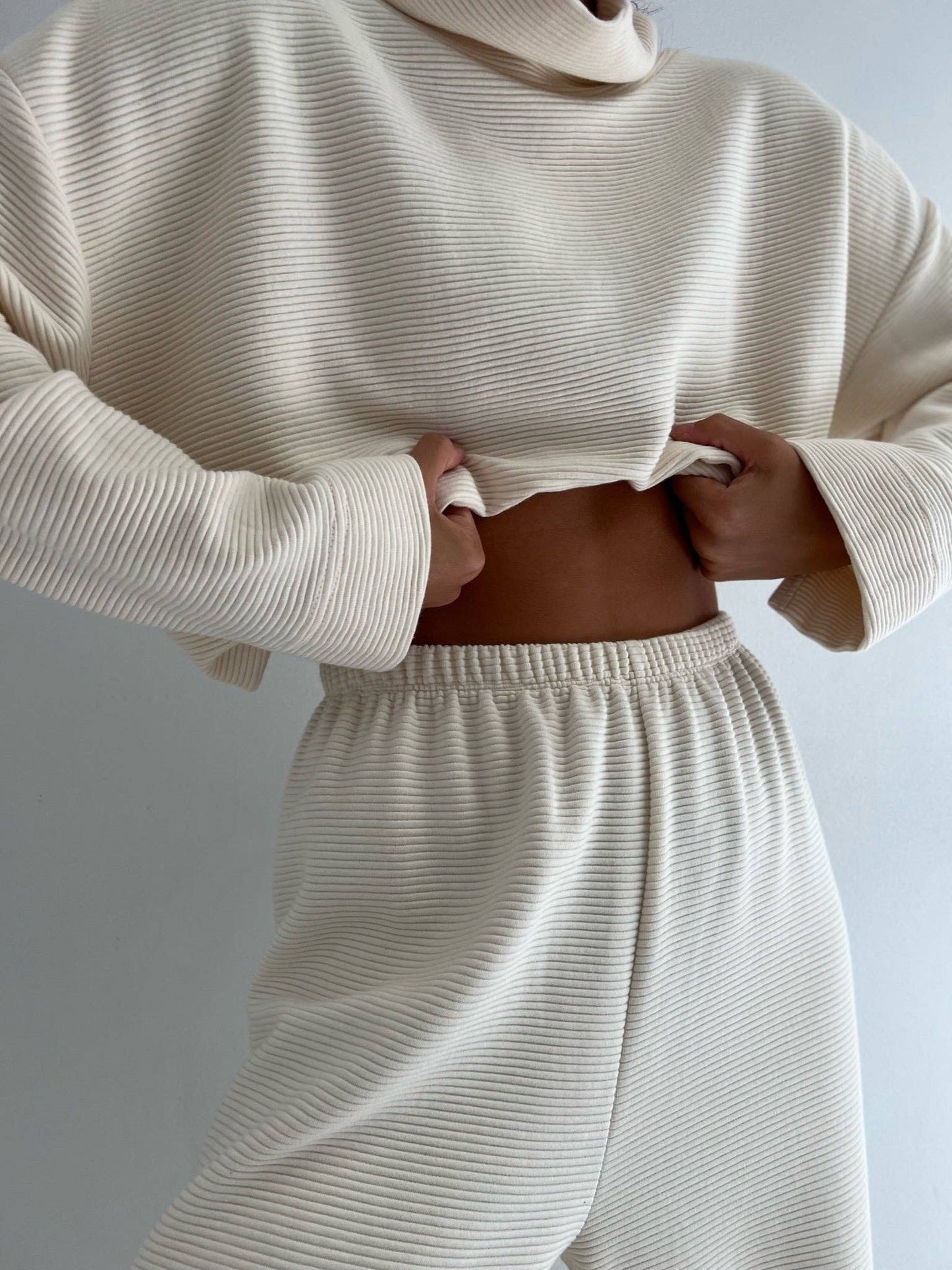 Mia Rippled Cotton Pullover - Cream and Faded Black