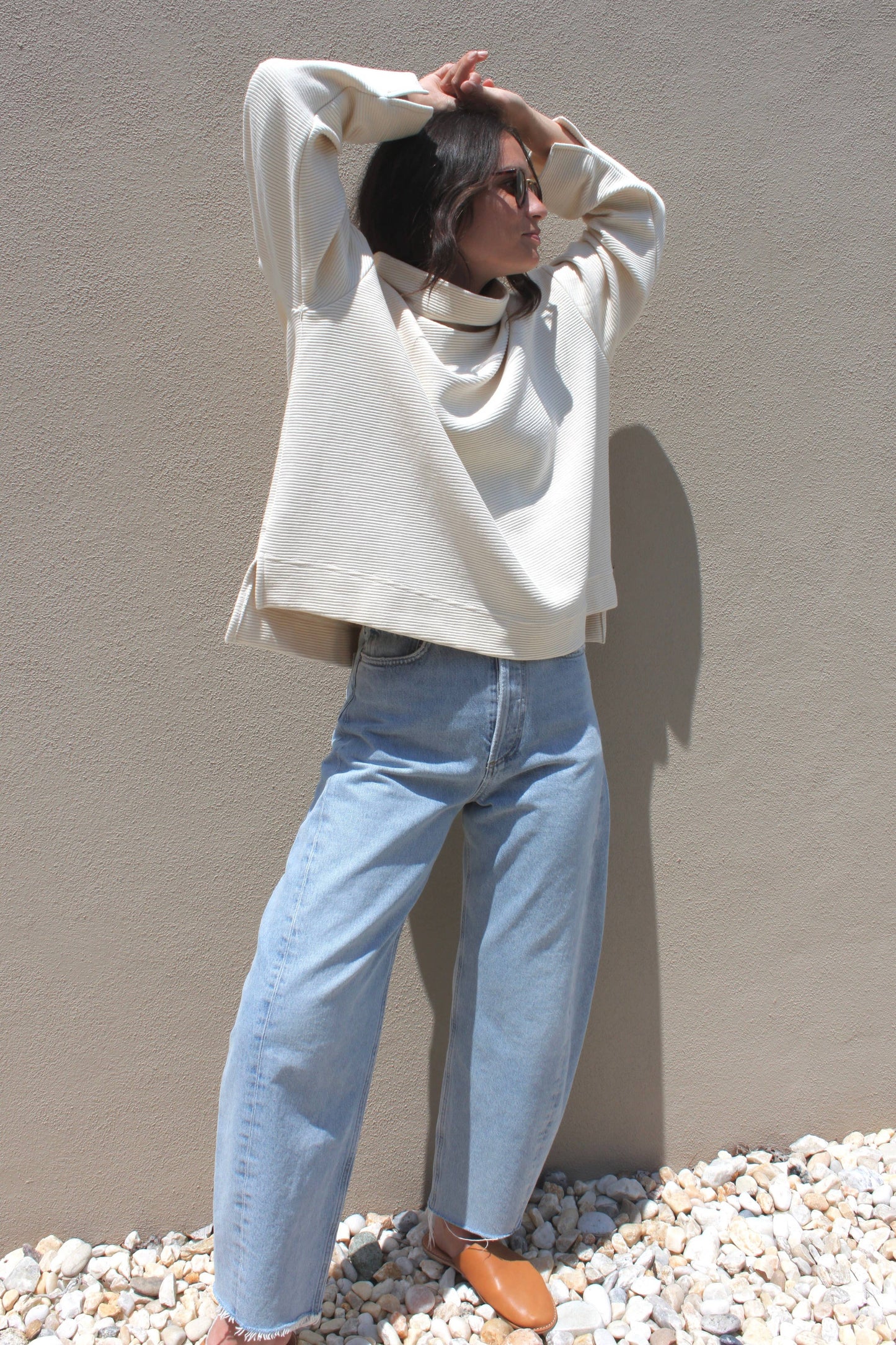 Mia Rippled Cotton Pullover - Cream and Faded Black