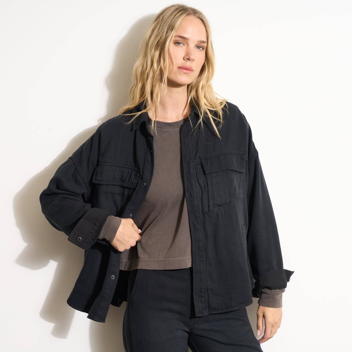 Odette Drape Denim Twill Shirt Jacket in Ecru or Navy