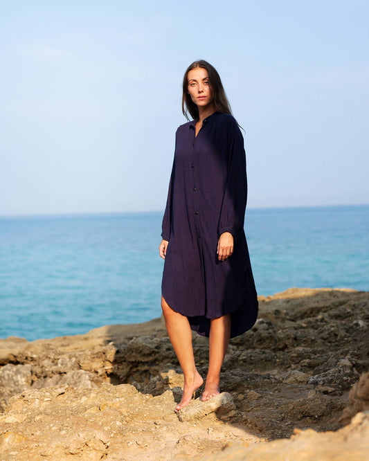 CECILIA SÖRENSEN - 702 COTONER Relaxed shirt dress in organic cotton muslin: Navy blue