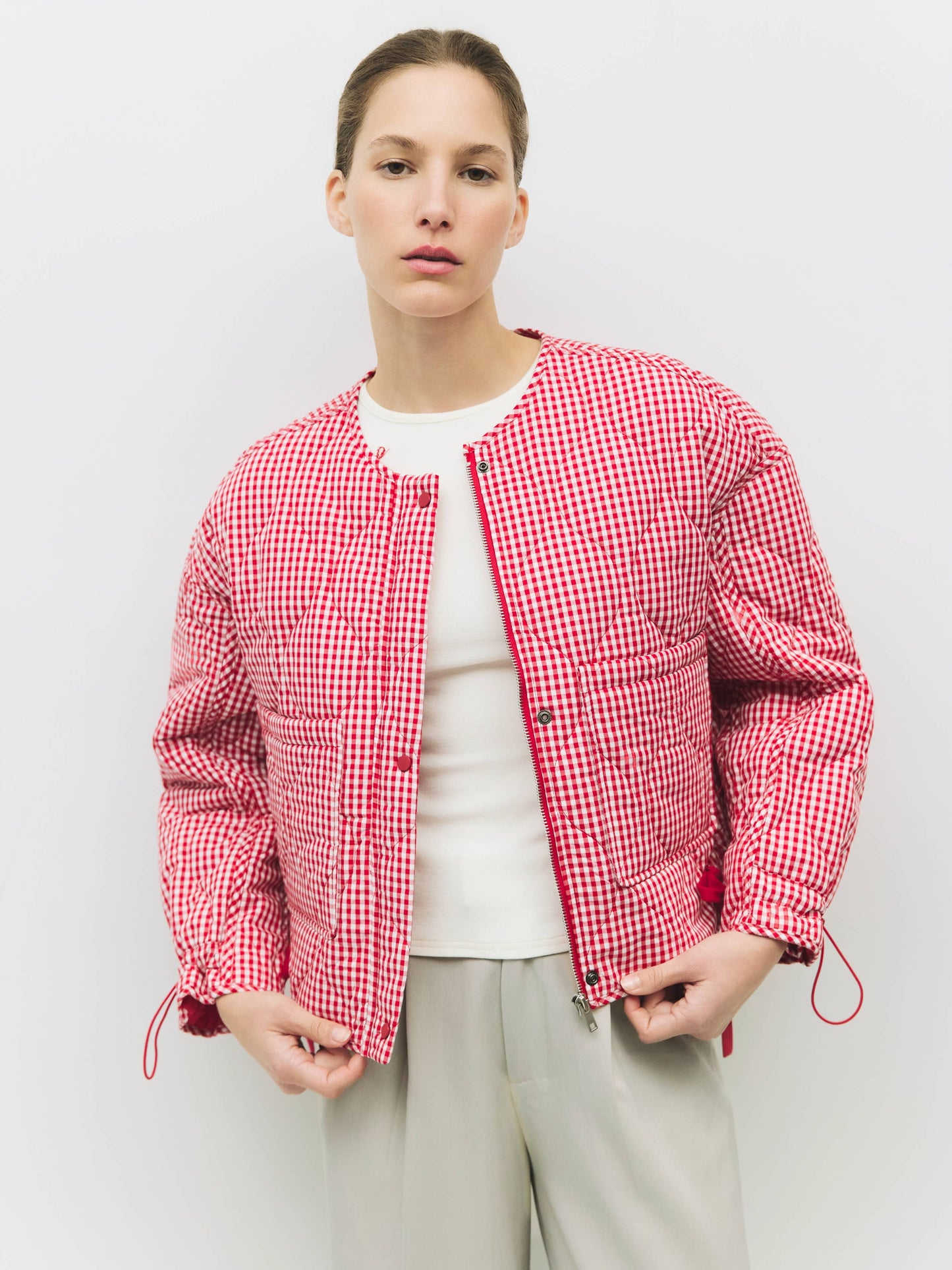 Quilted Gingham Cotton Cropper Jacket: Black / MEDIUM