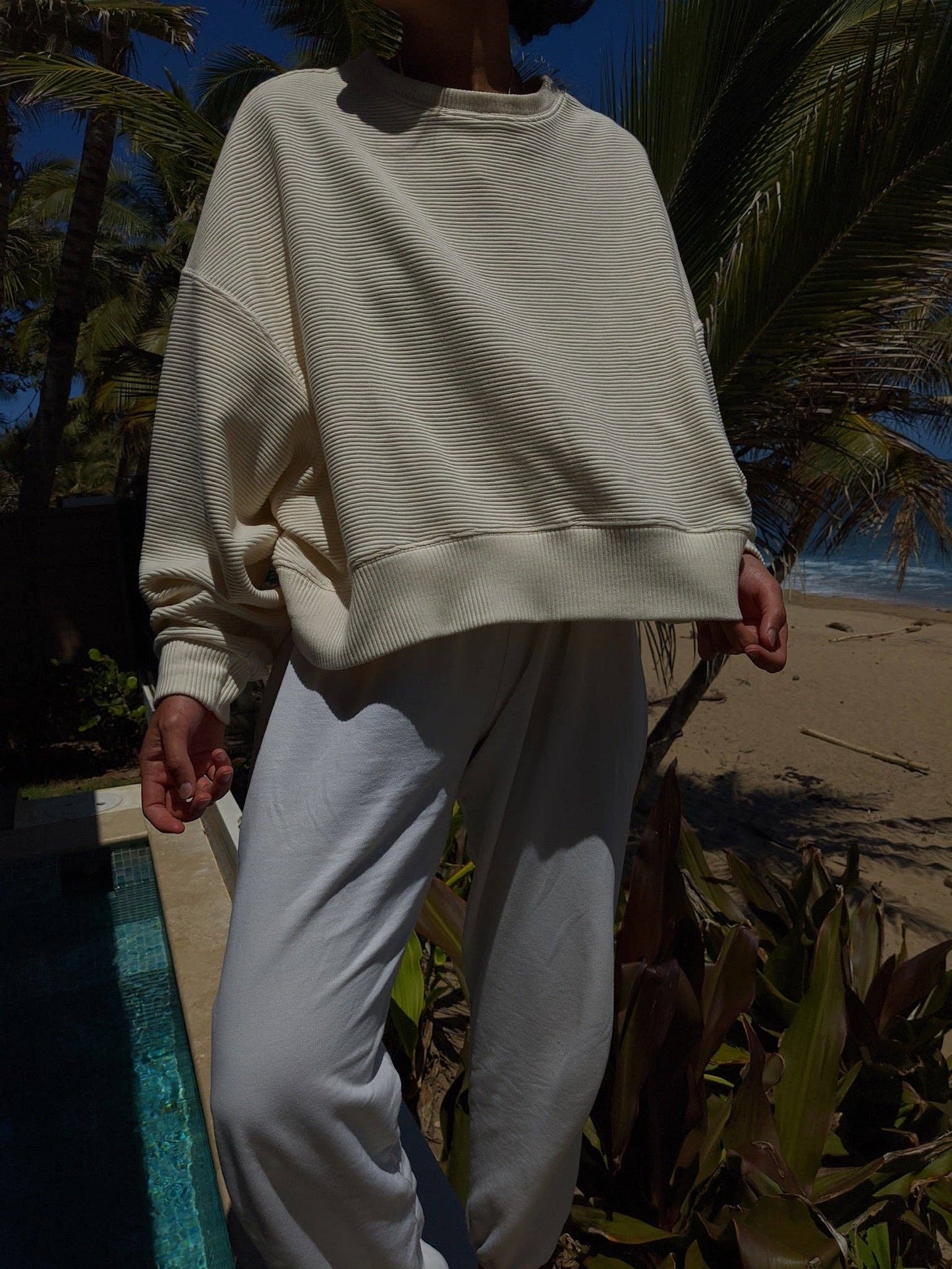 Marley Rippled Cotton Cropped Sweatshirt: Ecru or Onyx