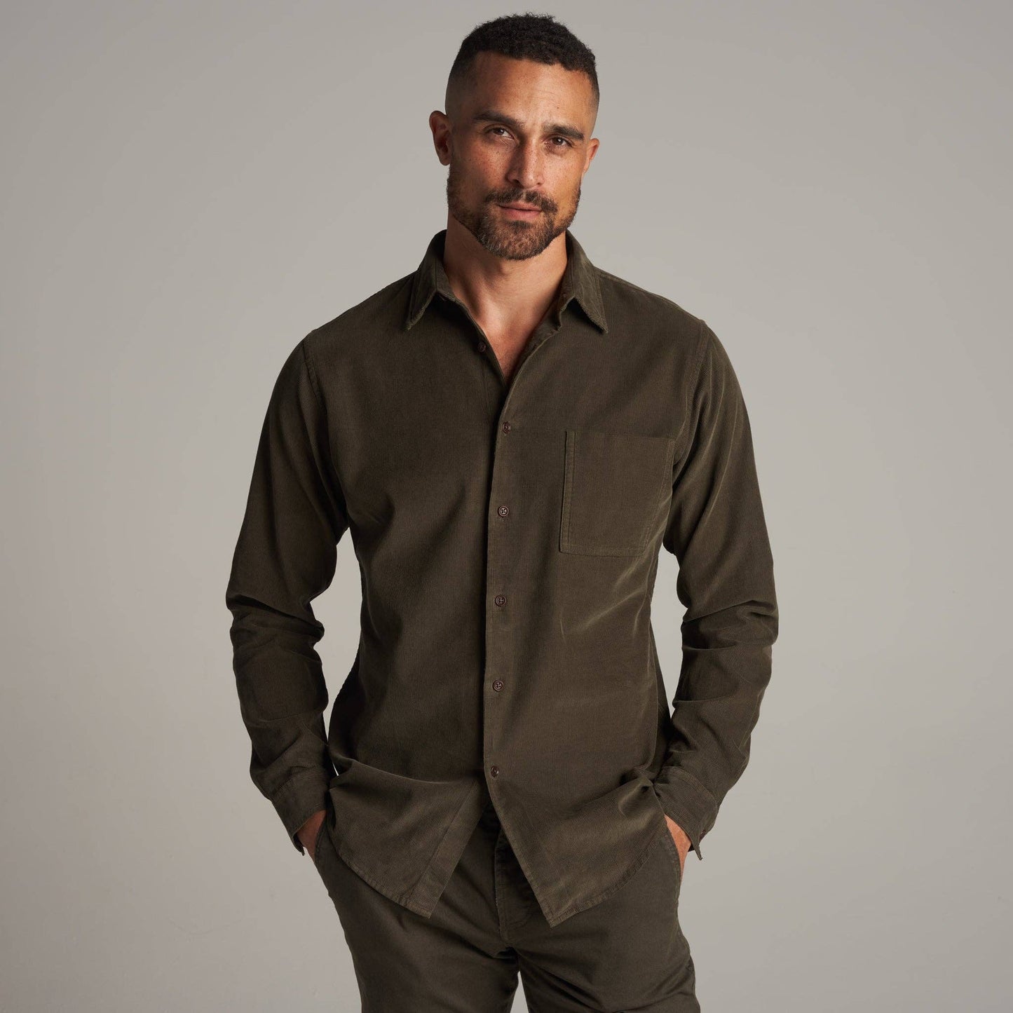 Nobel Fine Wale Cord Button Down Shirt: Color Cinder