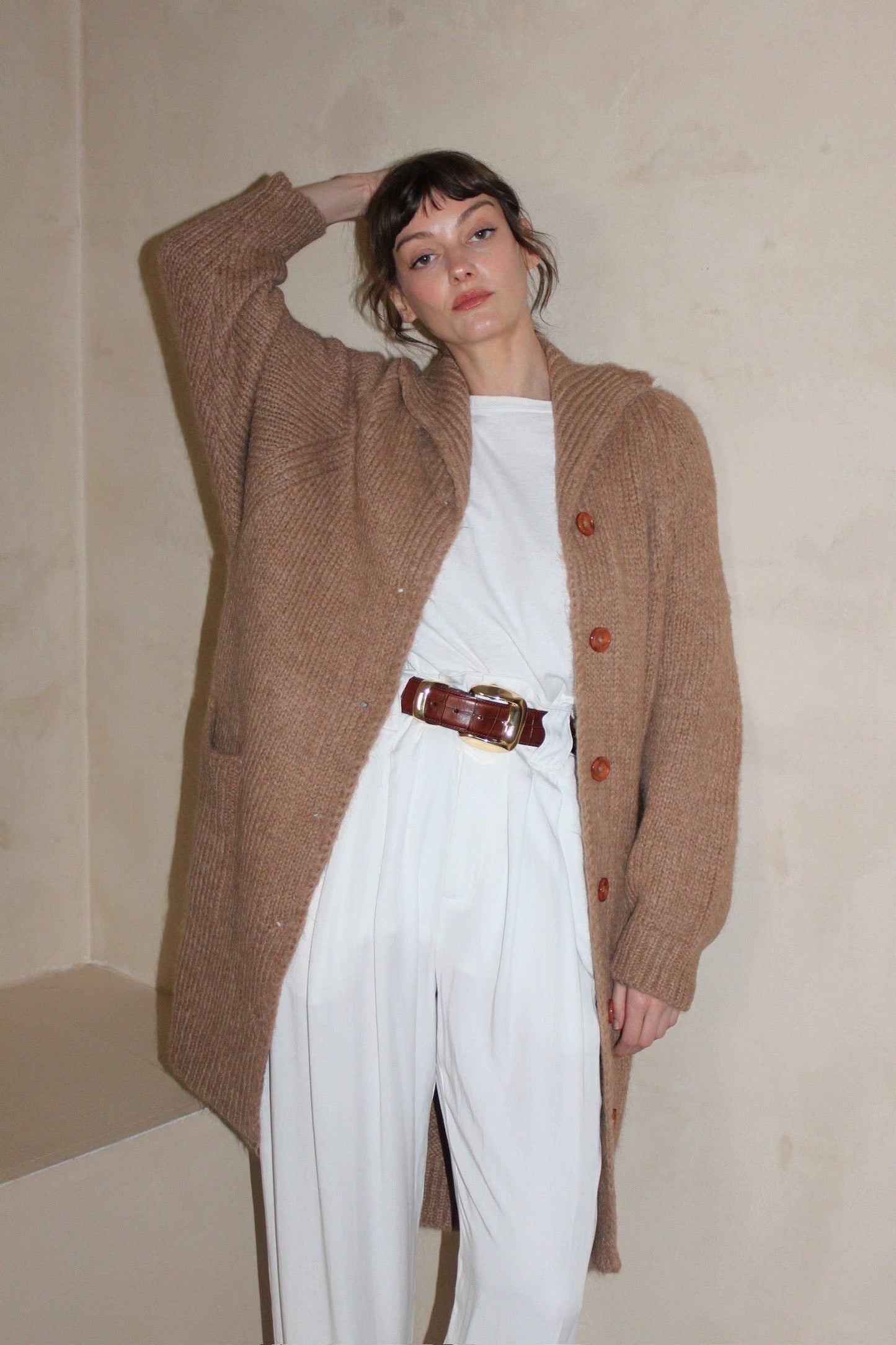 Na Nin - Martie Knitted Suri Alpaca Coat: Jute / O/S