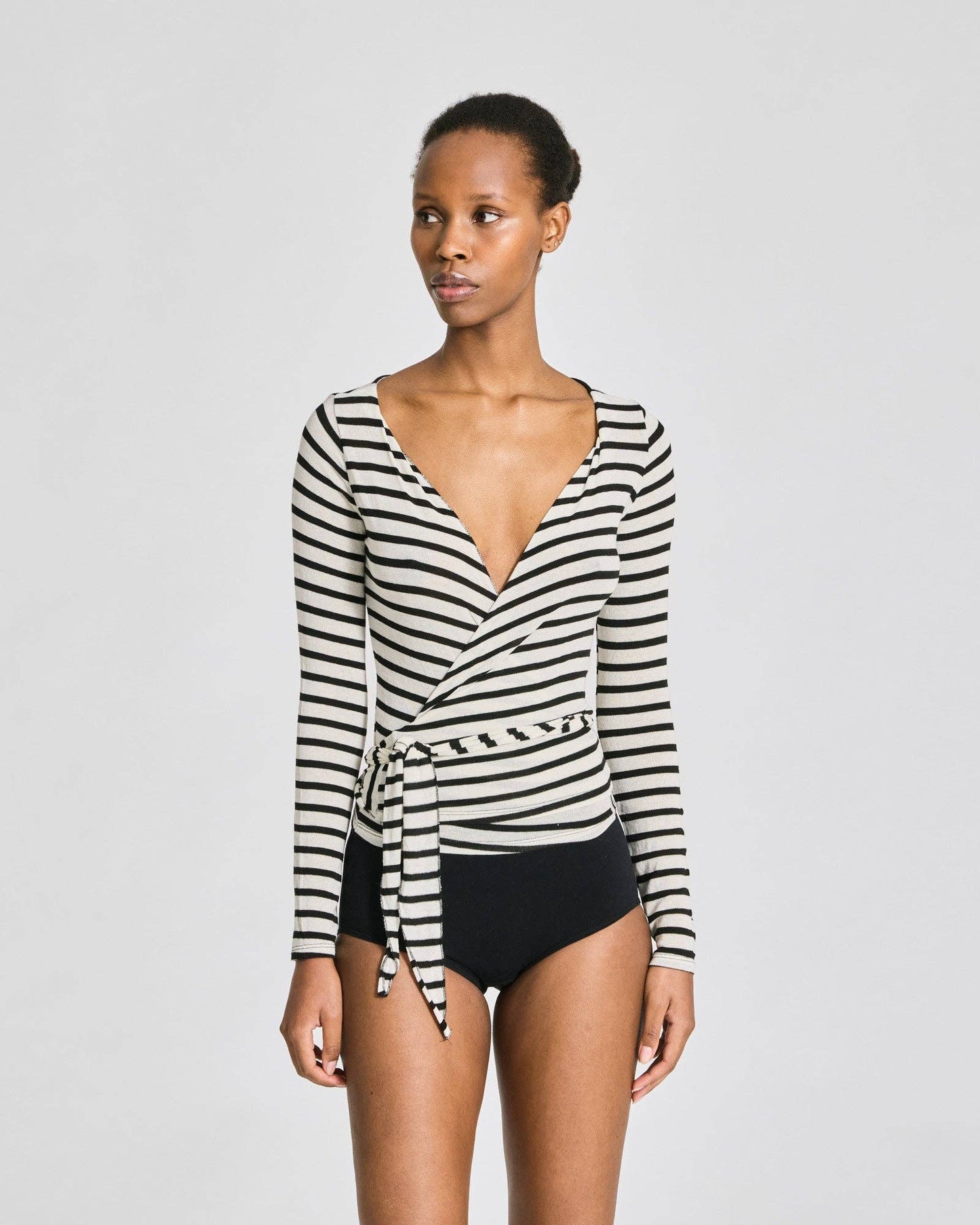 Signe Striped Wrap L/S Wool Top - Ecru / Black Sailor Stripe: L