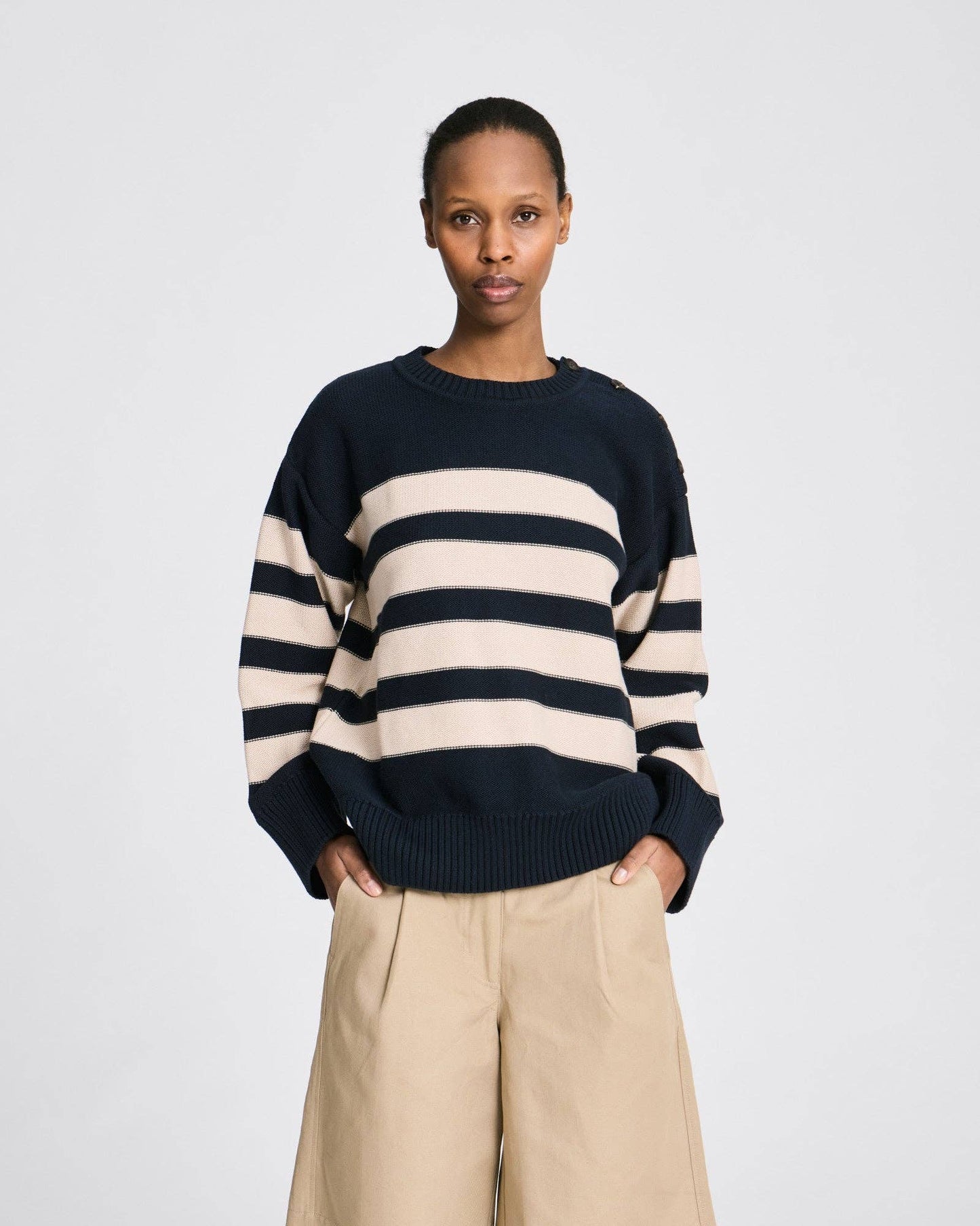 Lauren L/S Cotton Knit GOTS - Striped Midnight Blue /Ancient Grey