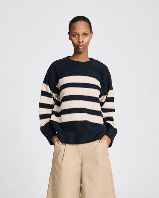 Lauren L/S Cotton Knit GOTS - Striped Midnight Blue /Ancient Grey