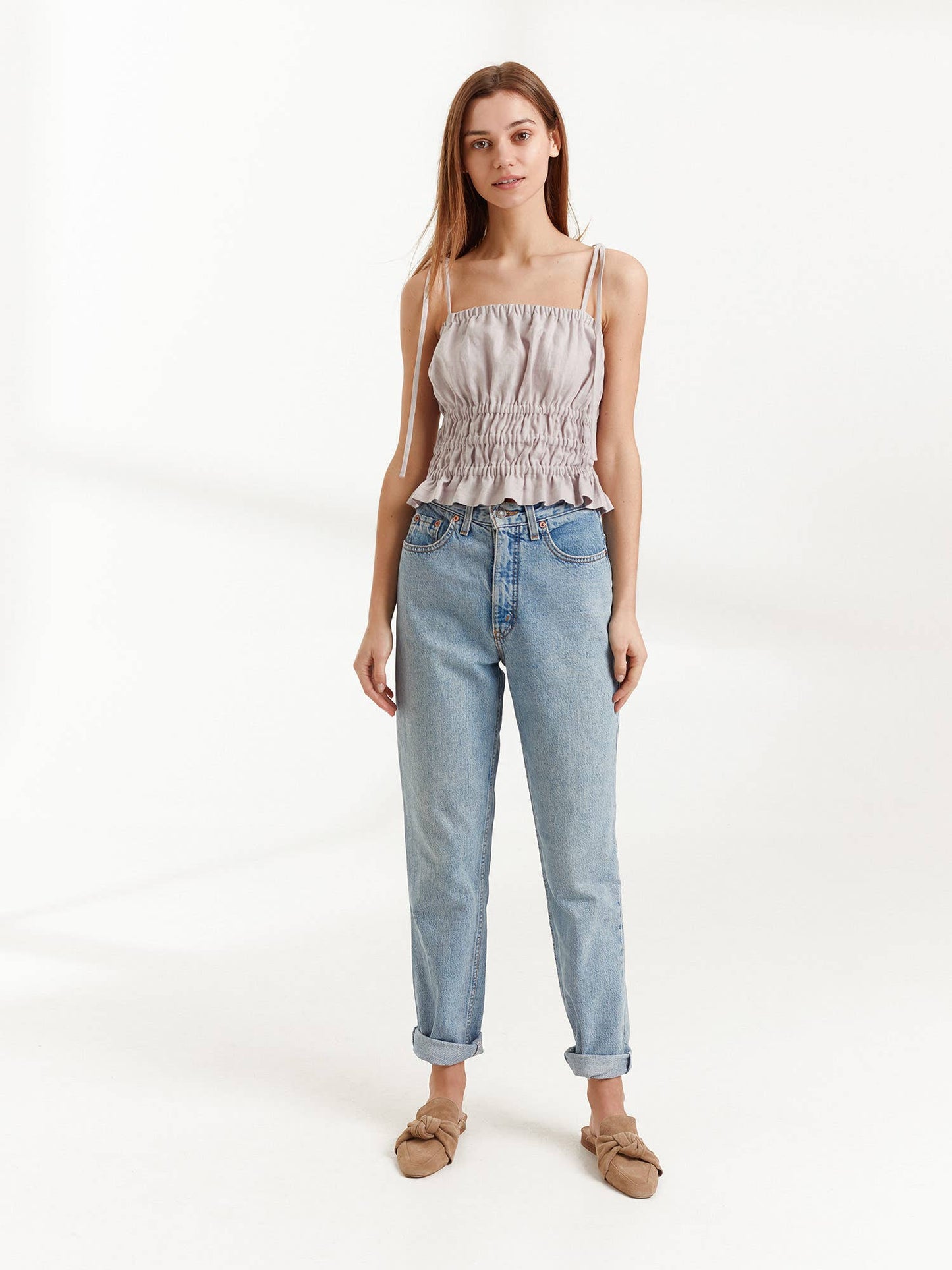 Love and Confuse - August Linen Strap Top: Beige / XS