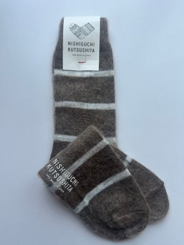NISHIGUCHI KUTSUSHITA - NK0703 Mohair Wool Border Socks: Beige / M (USM7-9/USW8-10/EUR40-43)