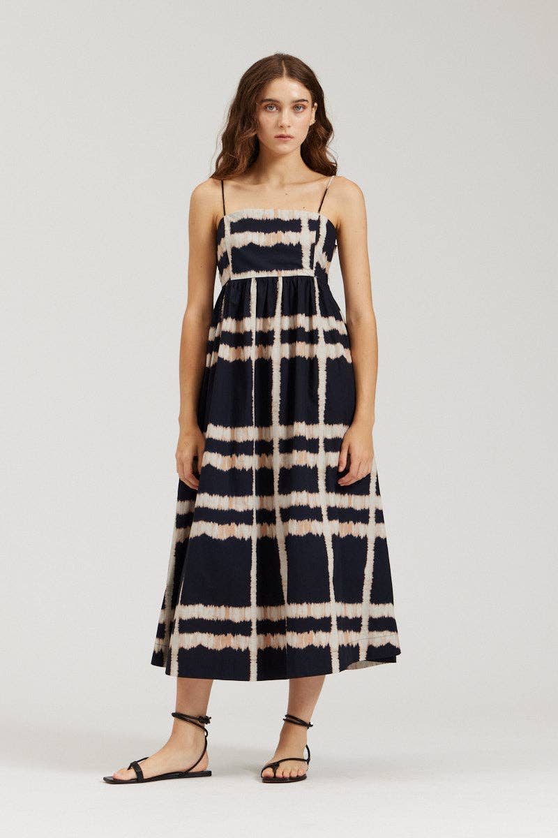 there. elsewhere - Empire Waist Cotton Print Dress: Ink / Medium