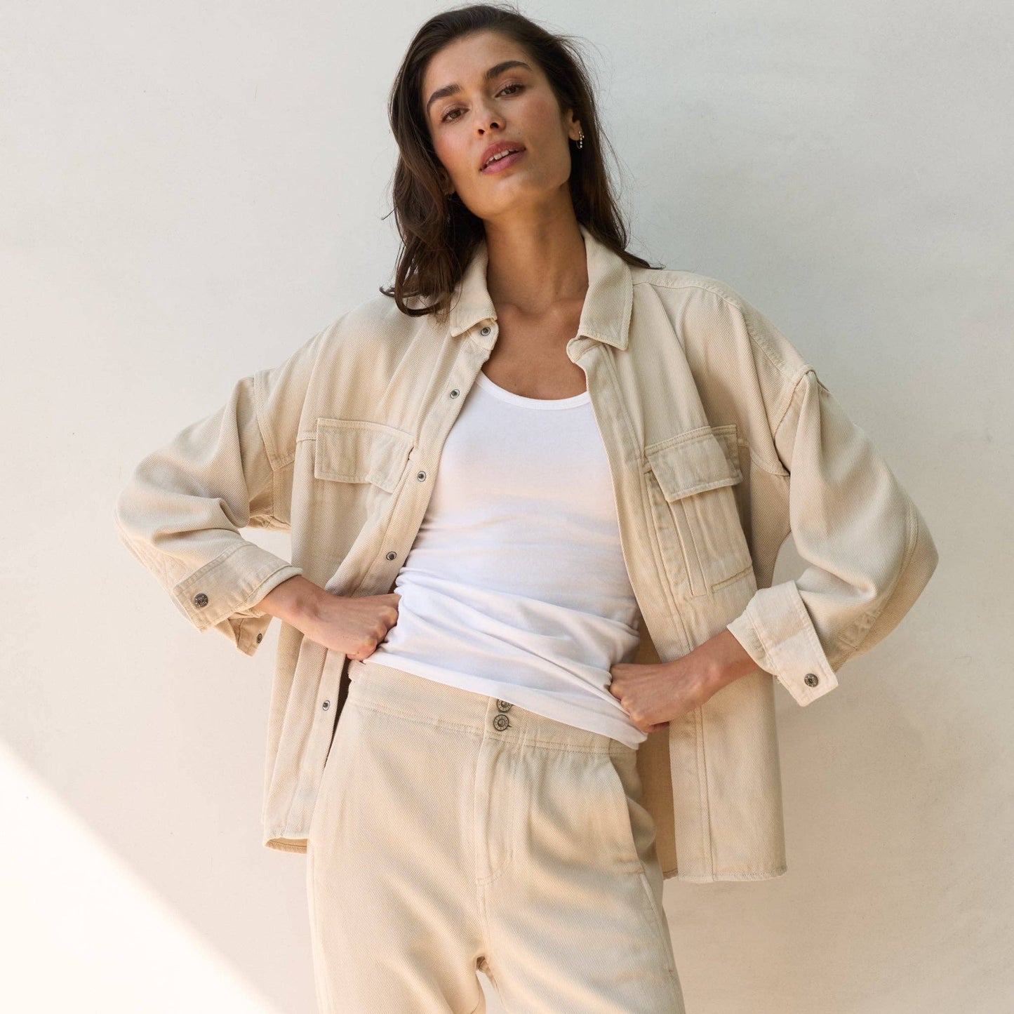 Odette Drape Denim Twill Shirt Jacket in Ecru or Navy