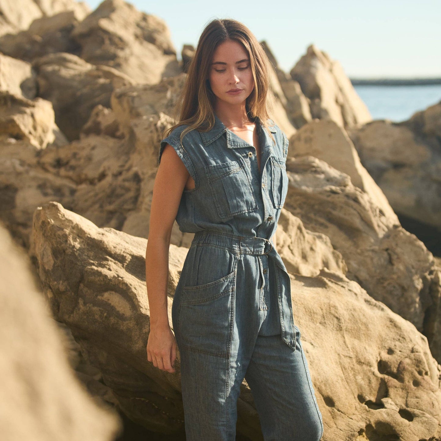 Japanese Fluid Denim Jumpsuit: Raw Indigo / S