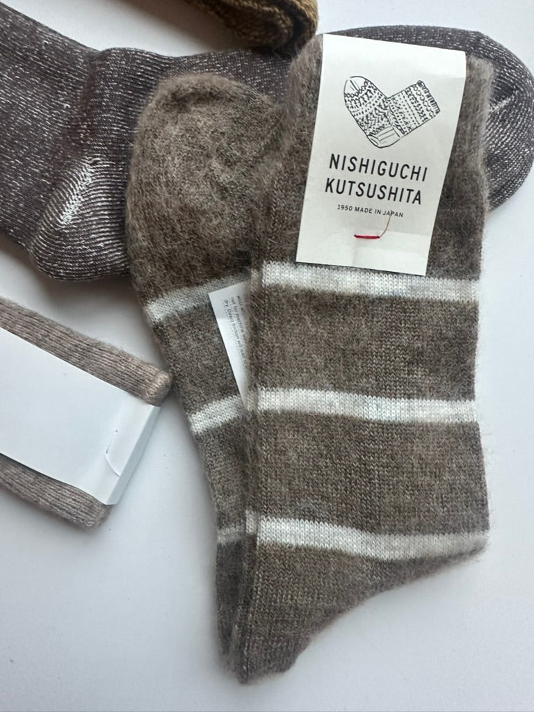 NISHIGUCHI KUTSUSHITA - NK0703 Mohair Wool Border Socks: Beige / S (USM5-7/USW6-8/EUR36-40)