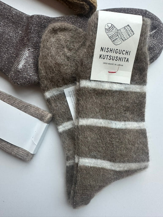 NISHIGUCHI KUTSUSHITA - NK0703 Mohair Wool Border Socks: Beige / S (USM5-7/USW6-8/EUR36-40)