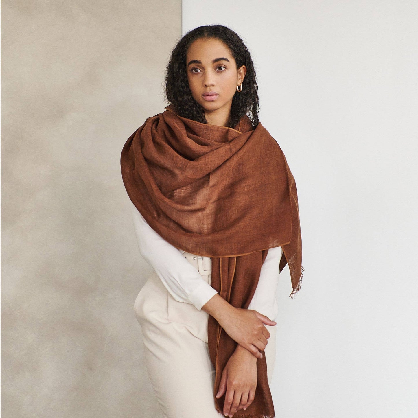 Coco Brown Soft Handwoven Modern Artisanal Linen Blend Scarf: Coco