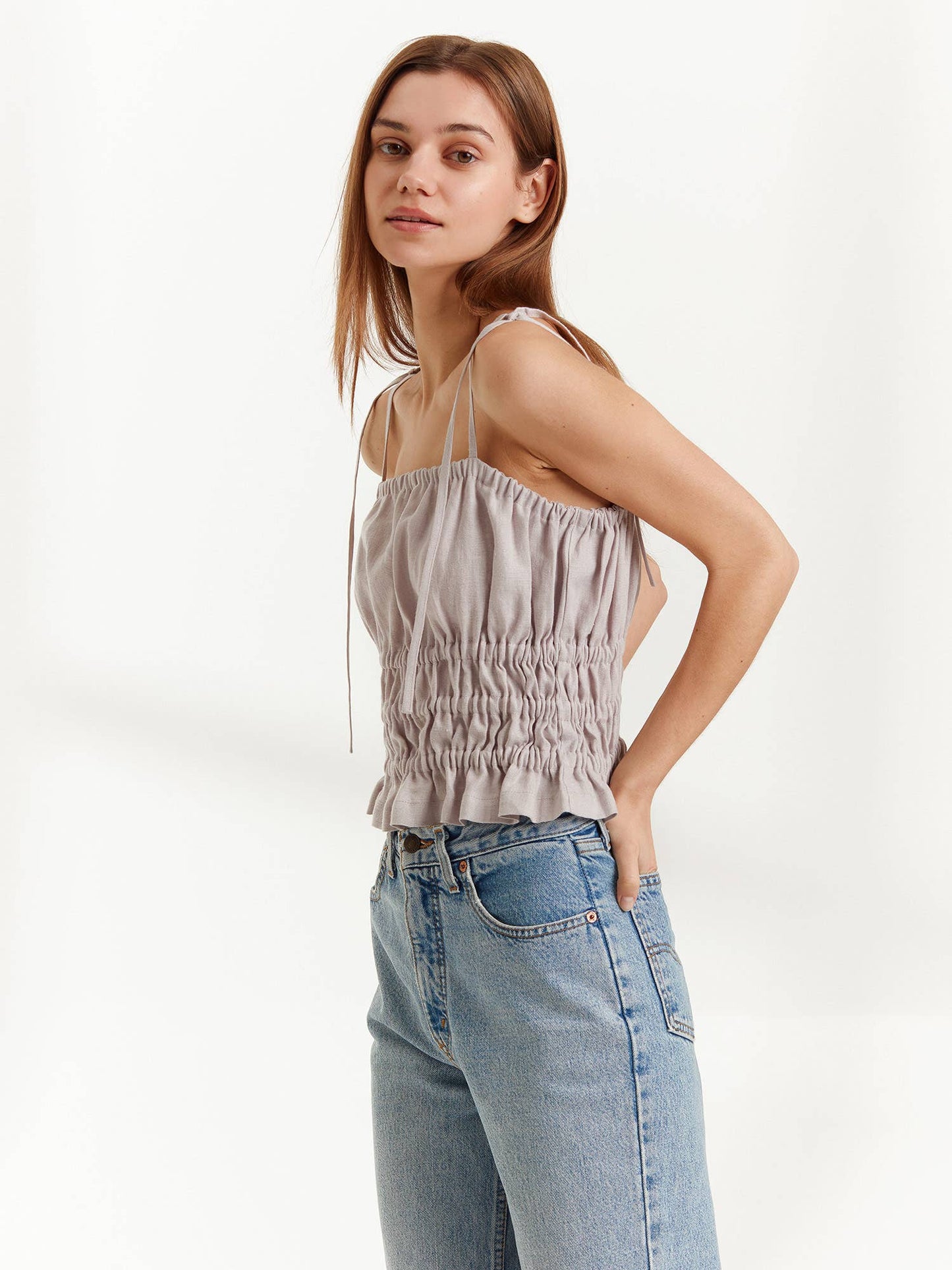 Love and Confuse - August Linen Strap Top: Beige / S