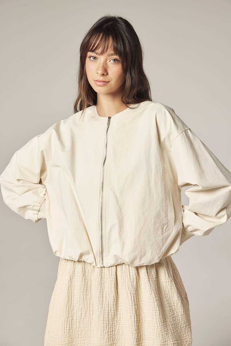 Ecru Zip Bomber Jacket Ecru Cotton  / Solid / XS/S