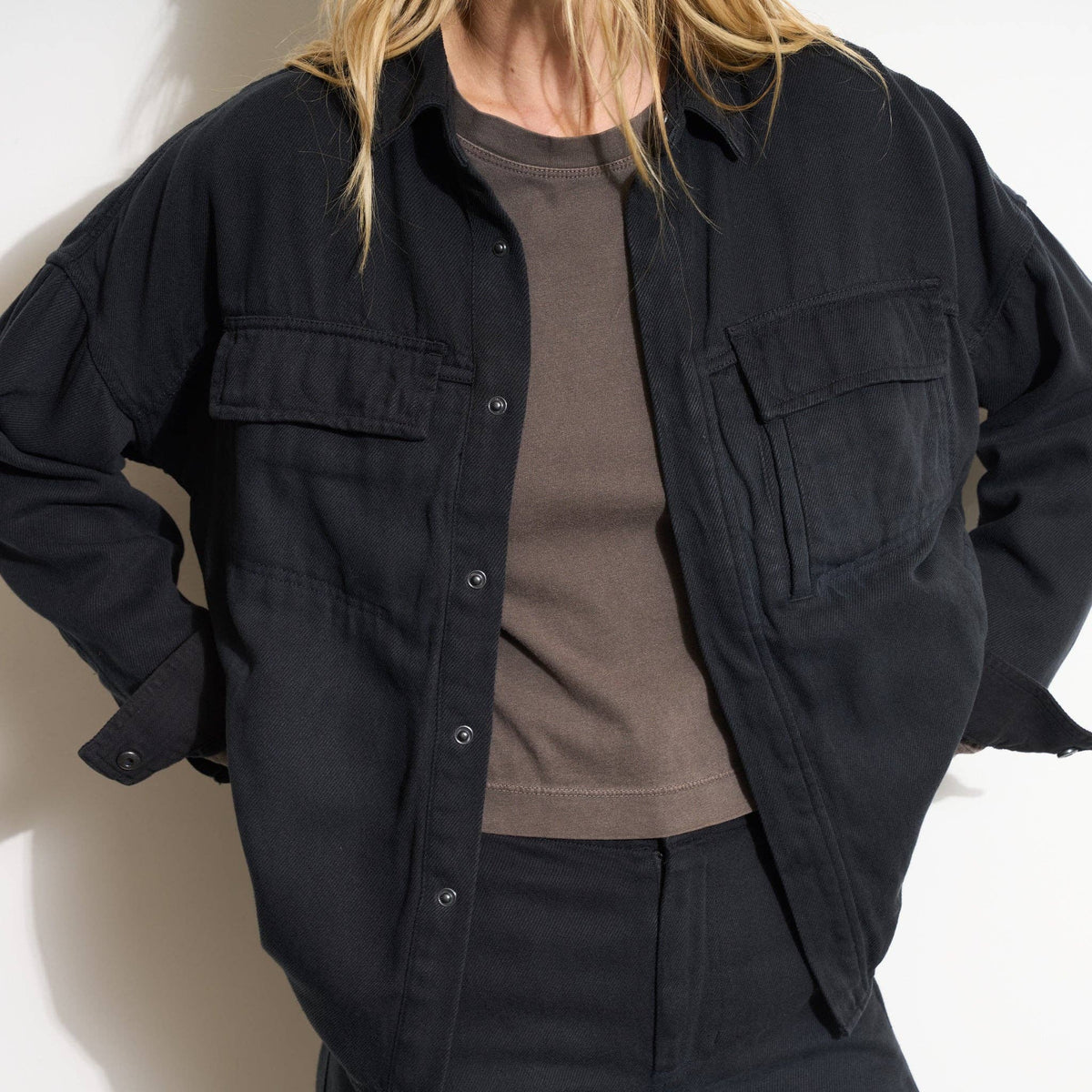 Rowan - Odette Drape Denim Twill Shirt Jacket: Washed Black / S / WWOW0007