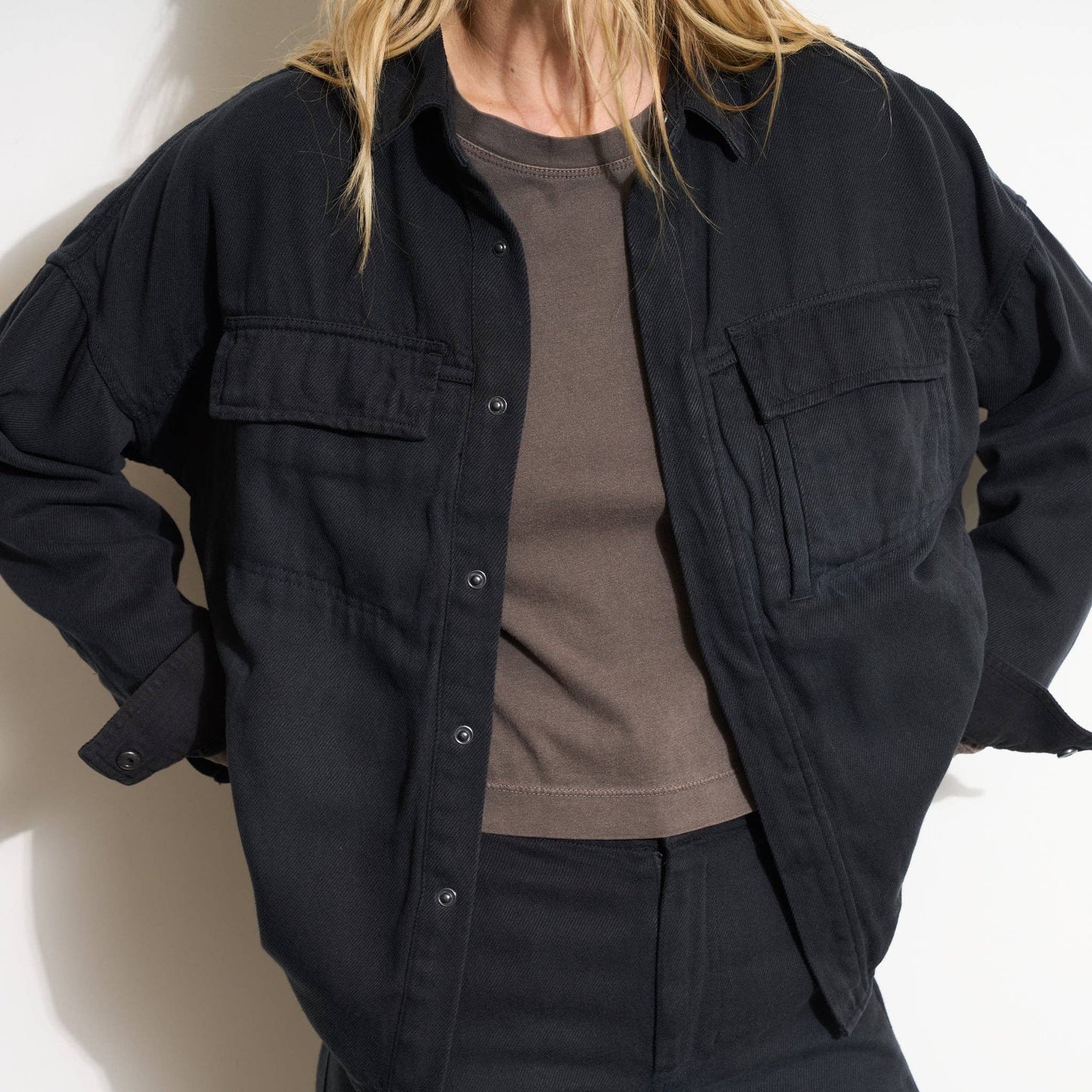 Odette Drape Denim Twill Shirt Jacket in Ecru or Navy