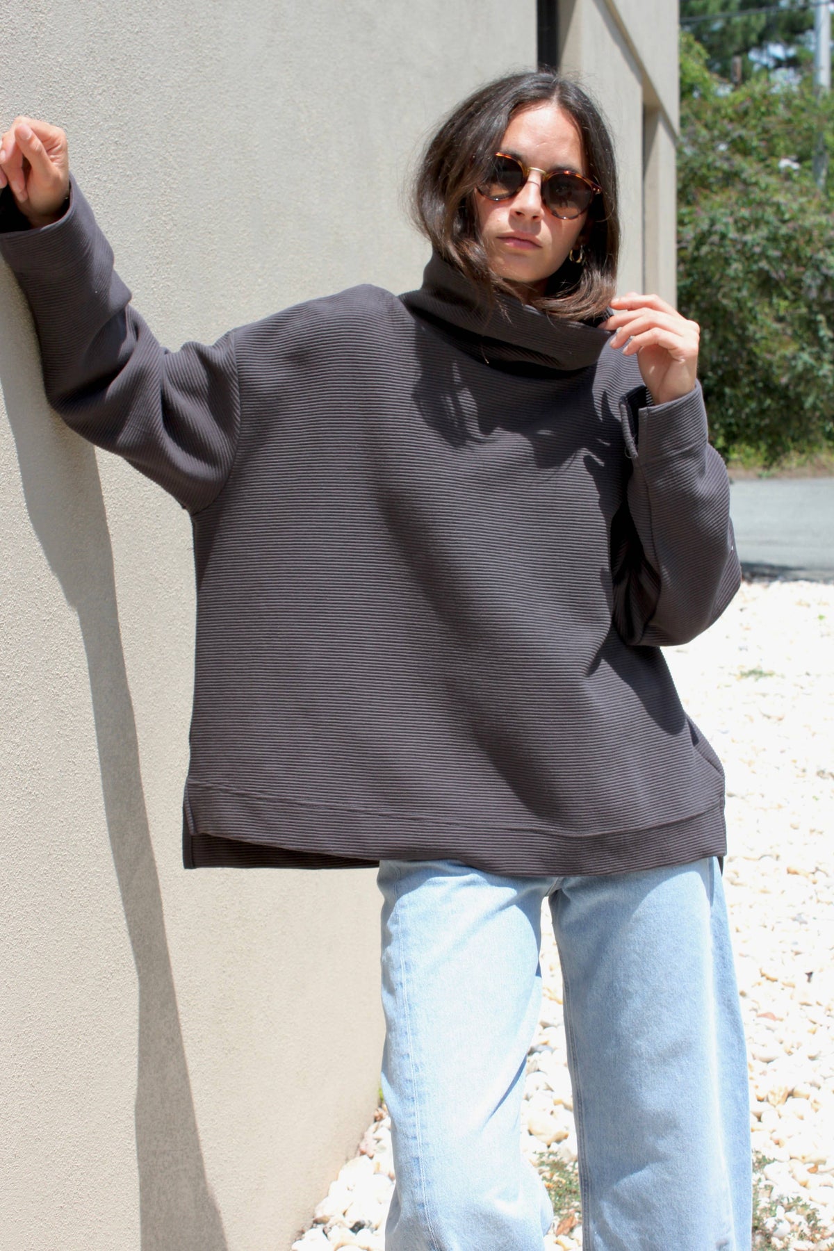 Mia Rippled Cotton Pullover - Cream and Faded Black