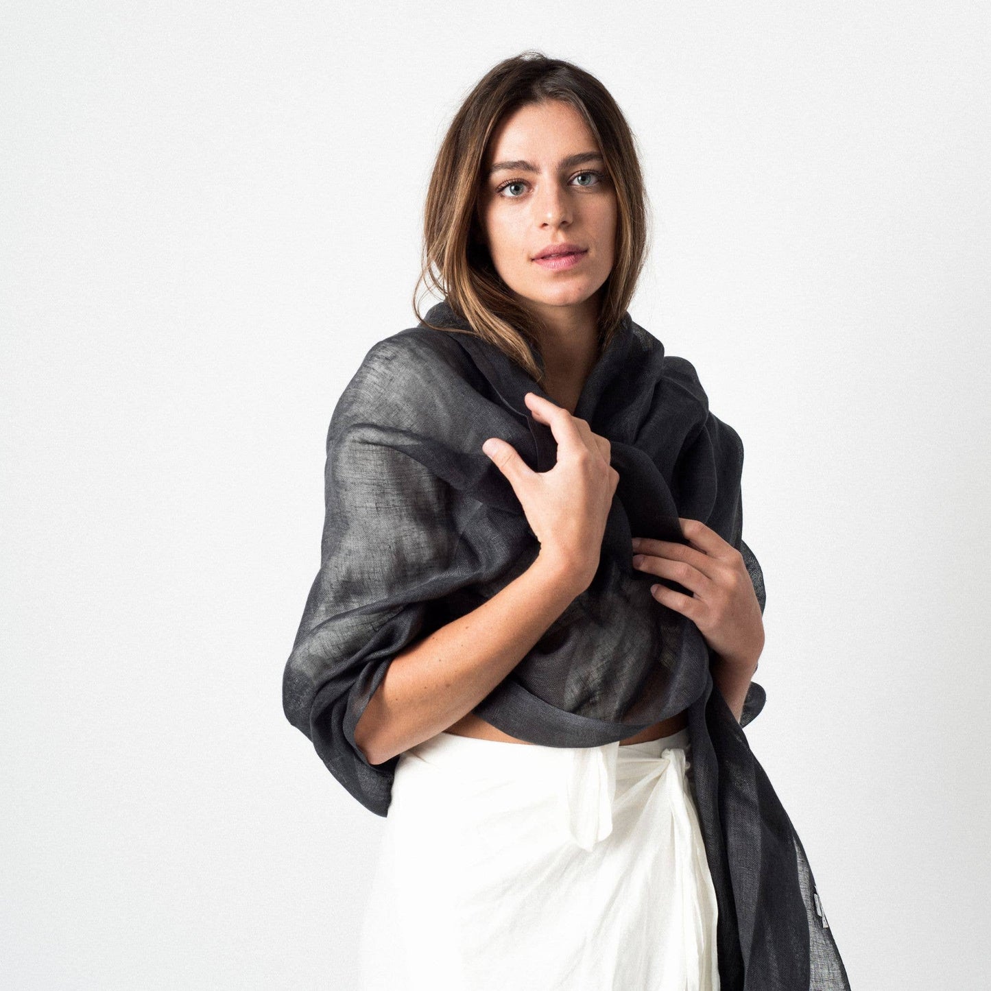 Charcoal Gray Linen Silk Handwoven Scarf: Coco