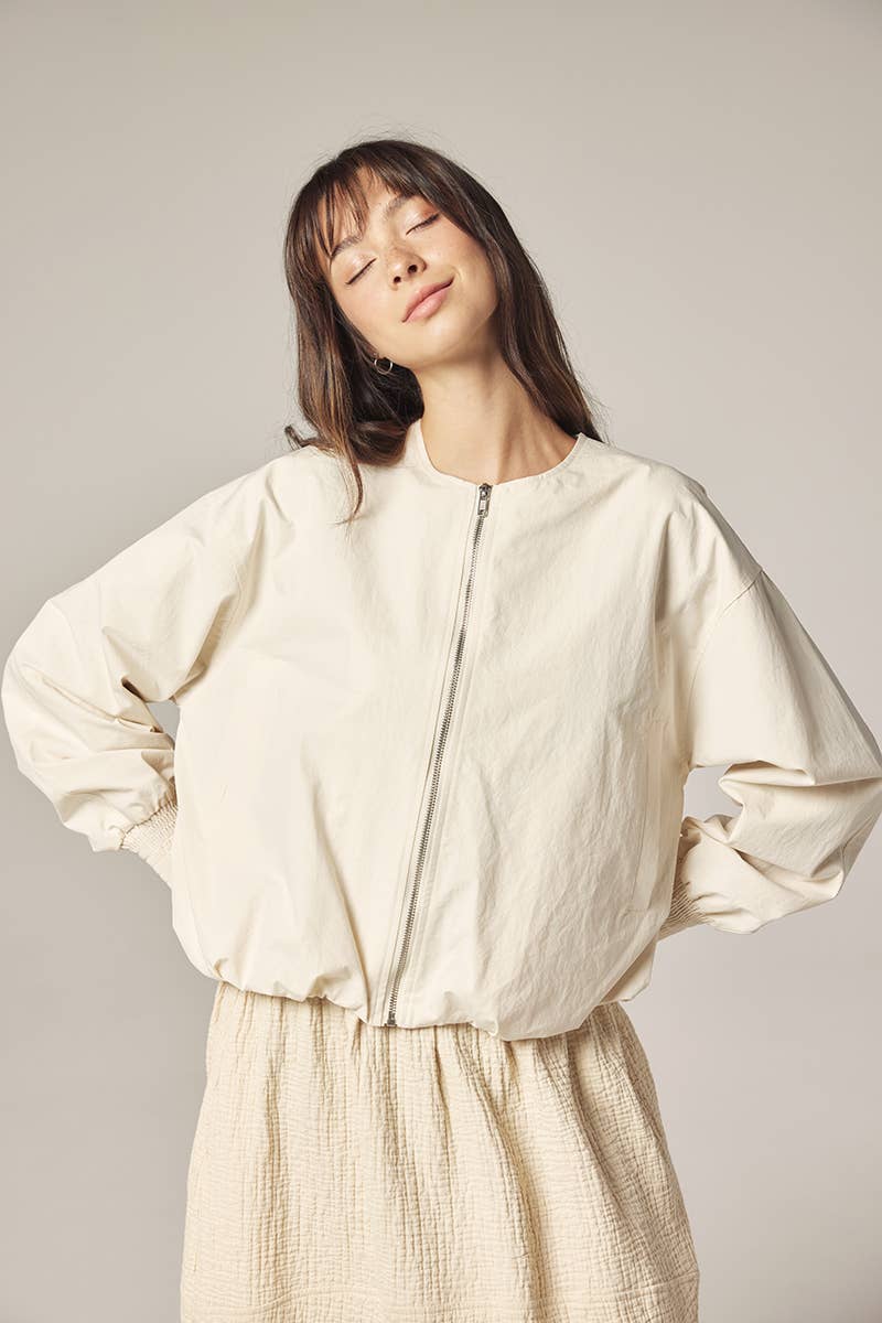 Ecru Zip Bomber Jacket  Amente  / Solid / M/L