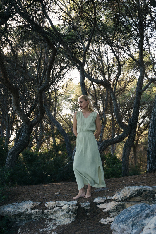 V Gathered greek dress in soft, organic, cotton: Navy blue